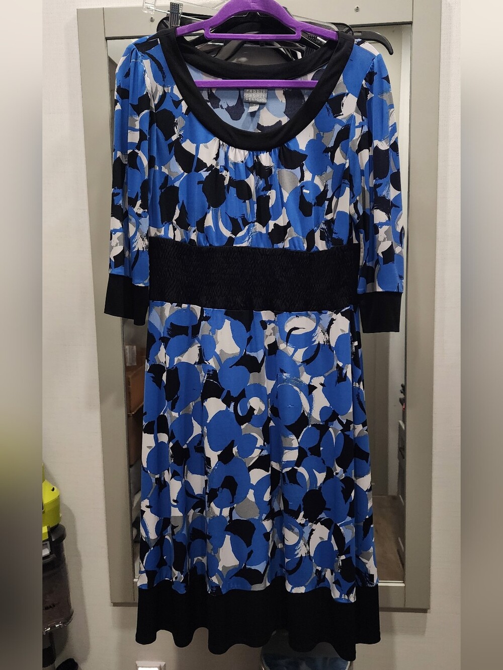 Blue Floral Fit-and-Flare Dress with Black Accents